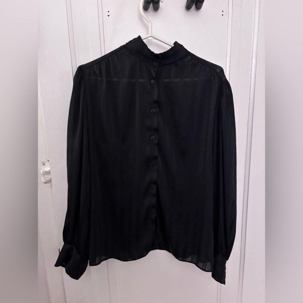 Vintage Black Button-Up Long Sleeve Sheer Blouse